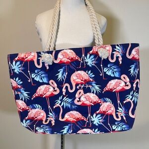 Flamingo Palm Beach Bag with Rope Shoulder Strap Handle Summer Bag